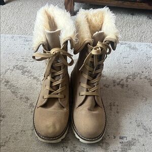 SHEIN Beige Lace-Up Fur Boots